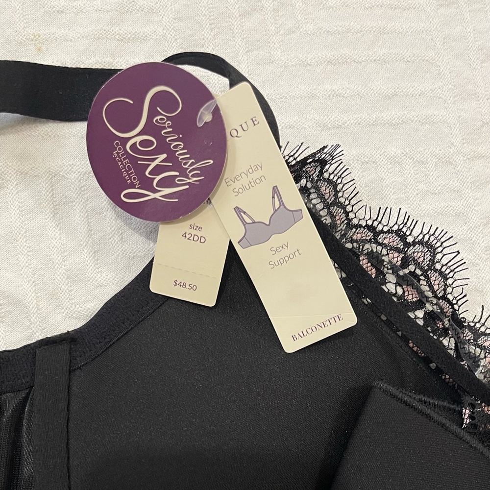 Cacique Balconette Bra 42DD Underwire Black Lace Pink Hearts Sexy Support
NWT - Picture 8 of 9